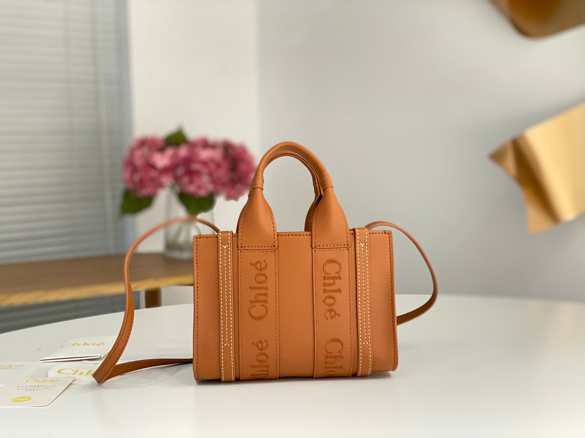 Chloe Mini Woody Tote Bag In Caramel Soft Smooth Calfskin Leather